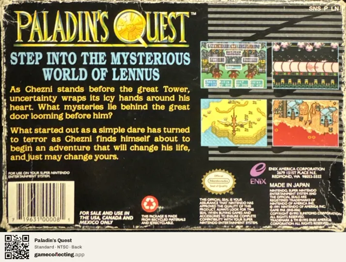 Paladin's Quest Super Nintendo Entertainment System, NTSC box back