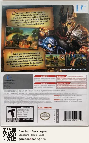 Overlord: Dark Legend Nintendo Wii, NTSC box back