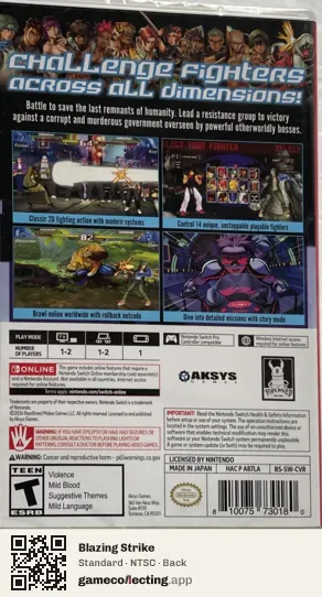 Blazing Strike Nintendo Switch, NTSC box back