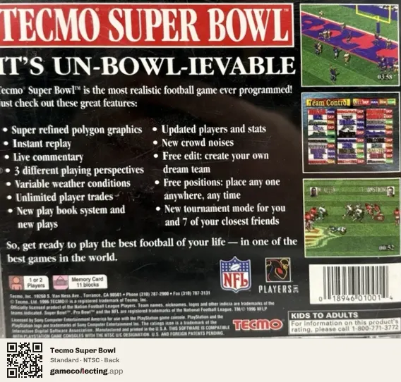 Tecmo Super Bowl PlayStation, NTSC box back