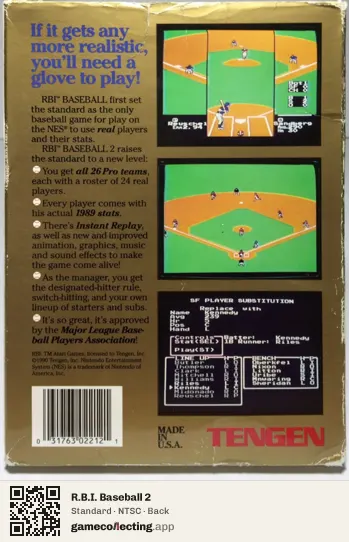 R.B.I. Baseball 2 Nintendo Entertainment System, NTSC box back