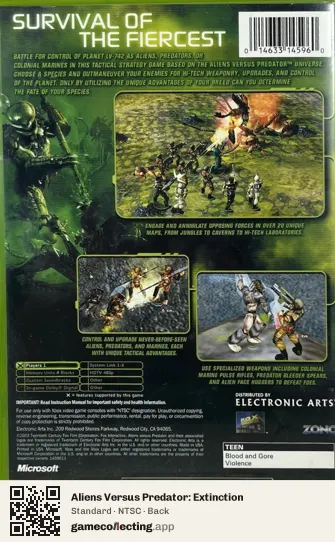 Aliens Versus Predator: Extinction Xbox, NTSC box back