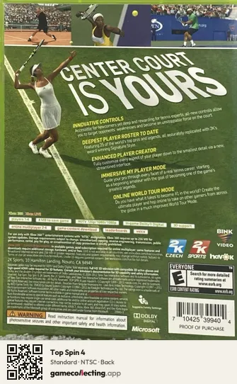 Top Spin 4 Xbox 360, NTSC box back