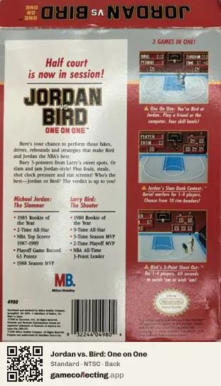Jordan vs. Bird: One on One Nintendo Entertainment System, NTSC box back