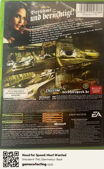 Need for Speed: Most Wanted Xbox, Germany box back