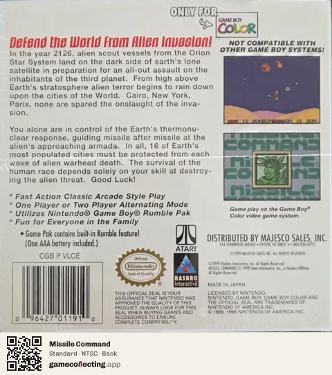 Missile Command Game Boy Color, NTSC box back