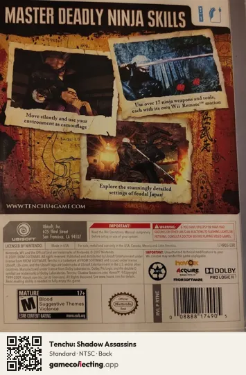 Tenchu: Shadow Assassins Nintendo Wii, NTSC box back