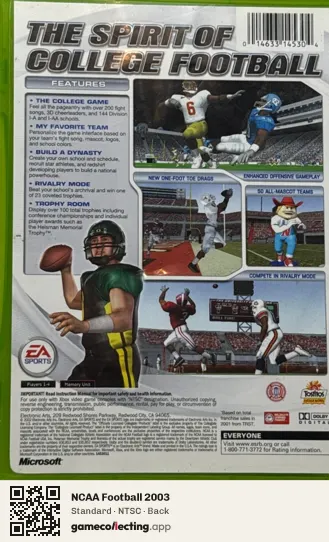 NCAA Football 2003 Xbox, NTSC box back