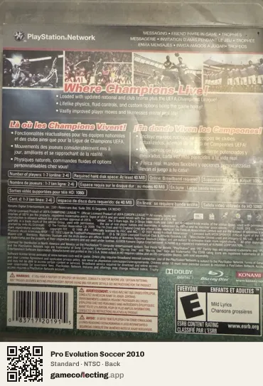 Pro Evolution Soccer 2010 PlayStation 3, NTSC box back