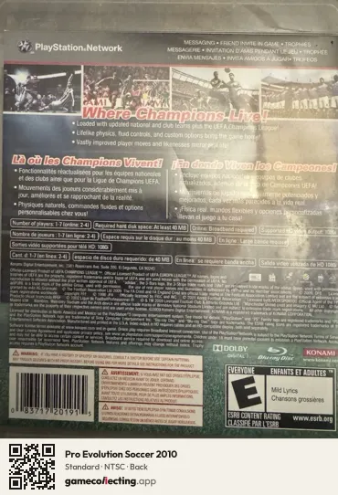 Pro Evolution Soccer 2010 PlayStation 3, NTSC box back