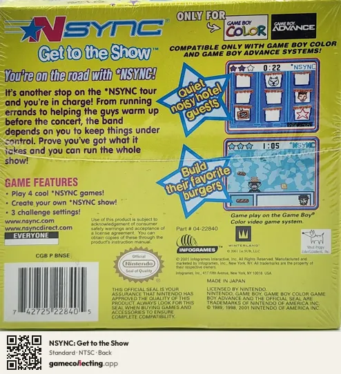NSYNC: Get to the Show Game Boy Color, NTSC box back