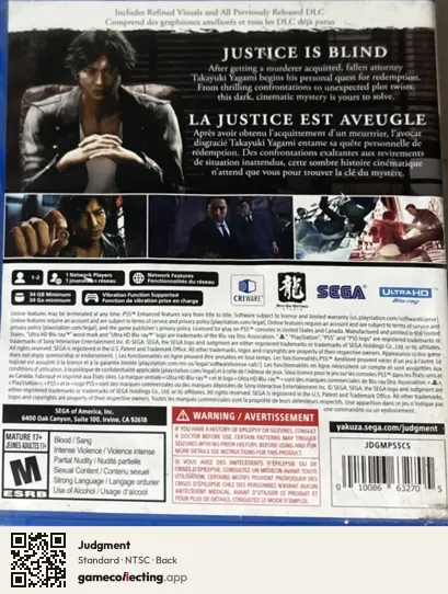 Judgment PlayStation 5, NTSC box back