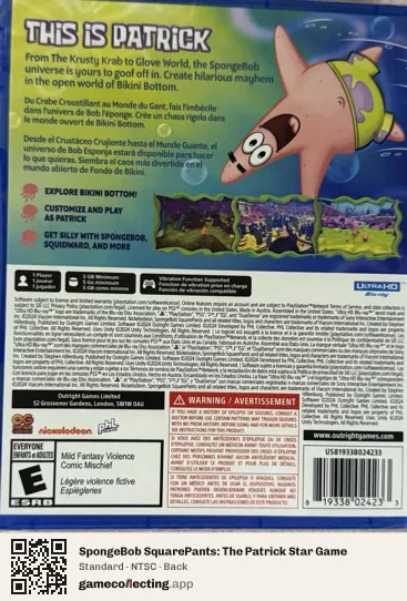 SpongeBob SquarePants: The Patrick Star Game PlayStation 5, NTSC box back