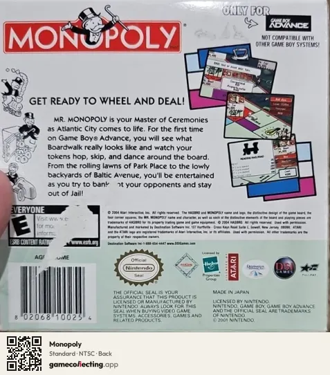 Monopoly Game Boy Advance, NTSC box back