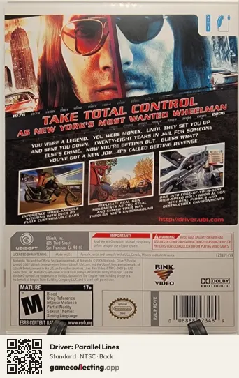 Driver: Parallel Lines Nintendo Wii, NTSC box back