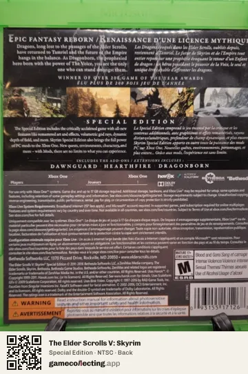 The Elder Scrolls V: Skyrim Xbox One, NTSC box back