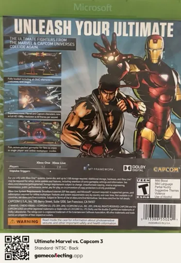 Ultimate Marvel vs. Capcom 3 Xbox One, NTSC box back