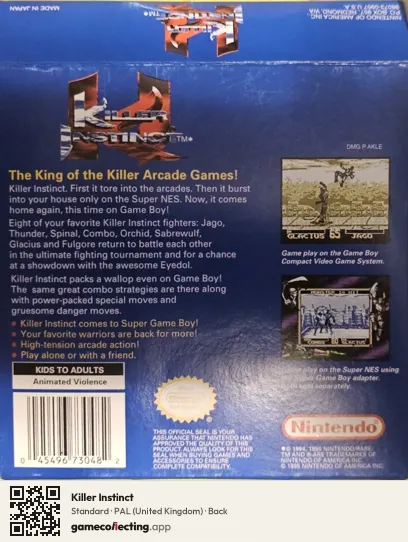 Killer Instinct Game Boy, United Kingdom box back
