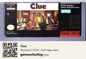 Clue Super Nintendo Entertainment System, NTSC cartridge label