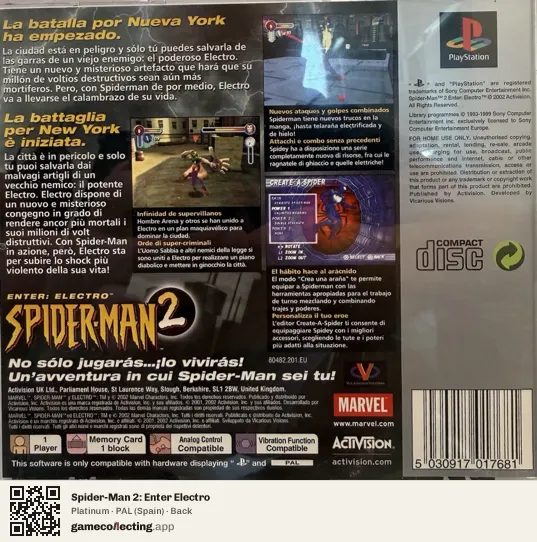 Spider-Man 2: Enter Electro PlayStation, Spain box back