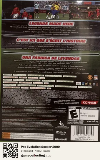 Pro Evolution Soccer 2009 Xbox 360, NTSC box back