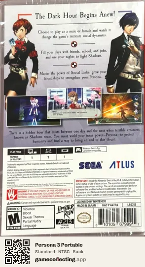 Persona 3 Portable Nintendo Switch, NTSC box back