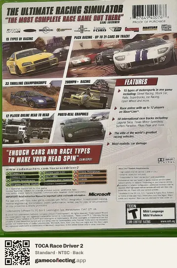 TOCA Race Driver 2 Xbox, NTSC box back