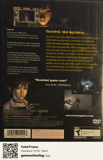 Fatal Frame PlayStation 2, NTSC box back