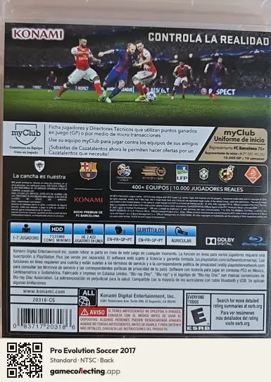 Pro Evolution Soccer 2017 PlayStation 3, NTSC box back