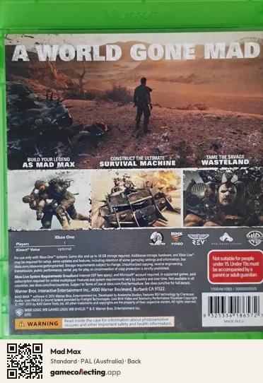 Mad Max Xbox One, Australia box back