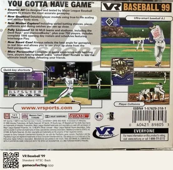 VR Baseball '99 PlayStation, NTSC box back
