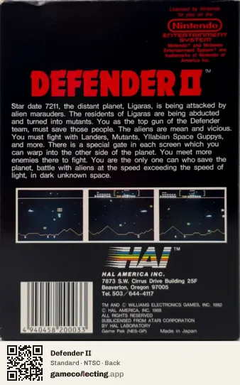Defender II Nintendo Entertainment System, NTSC box back