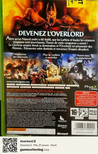 Overlord II Xbox 360, France box back