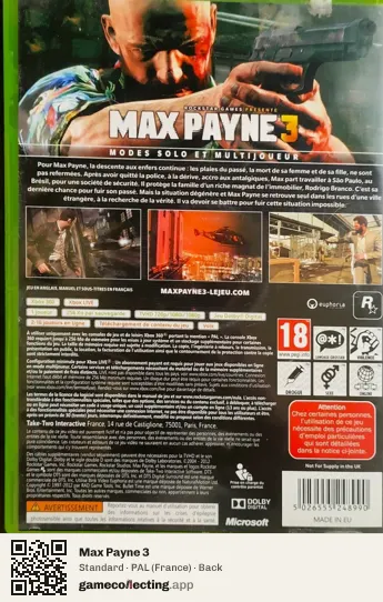 Max Payne 3 Xbox 360, France box back