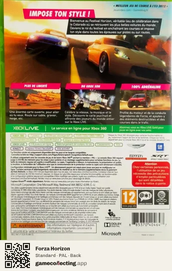 Forza Horizon Xbox 360, PAL box back