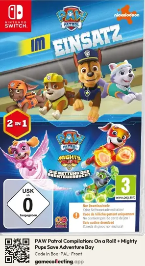 PAW Patrol Compilation: On a Roll! + Mighty Pups Save Adventure Bay Nintendo Switch, PAL box front