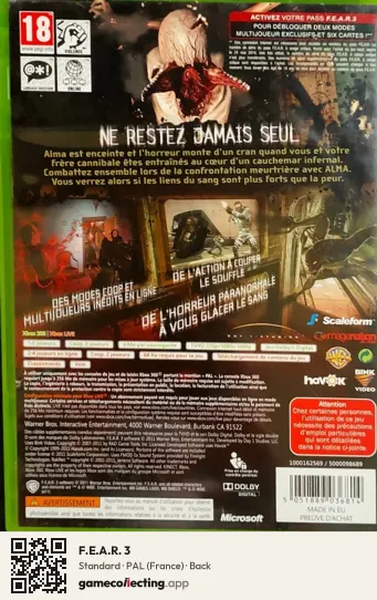 F.E.A.R. 3 Xbox 360, France box back