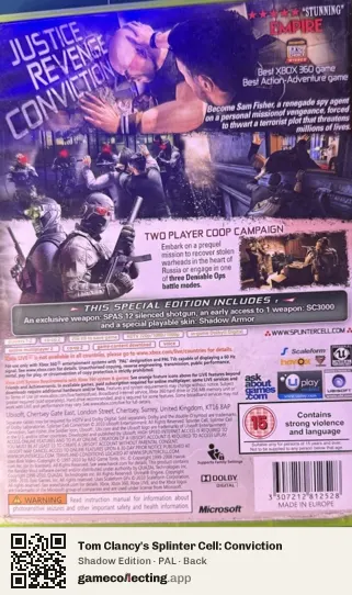 Tom Clancy's Splinter Cell: Conviction Xbox 360, PAL box back