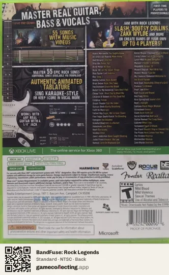 BandFuse: Rock Legends Xbox 360, NTSC box back