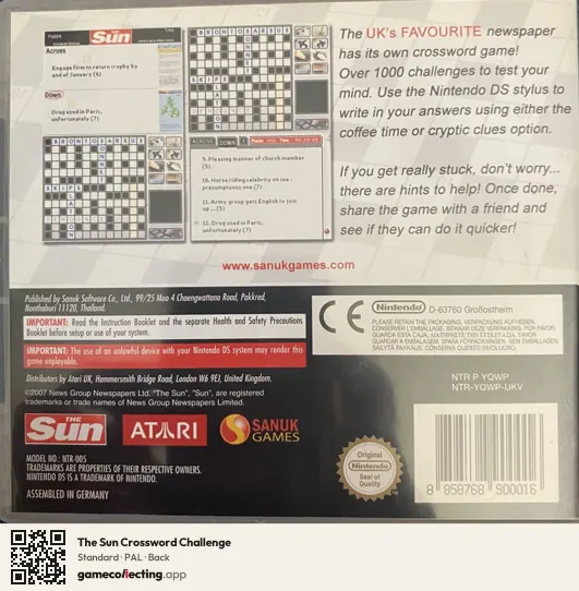 The Sun Crossword Challenge Nintendo DS, PAL box back