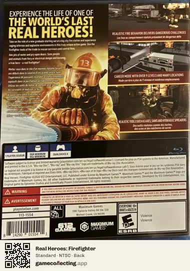 Real Heroes: Firefighter PlayStation 4, NTSC box back