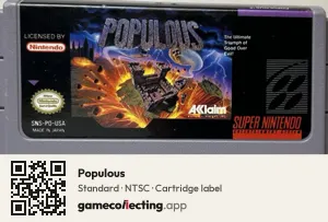 Populous Super Nintendo Entertainment System, NTSC cartridge label