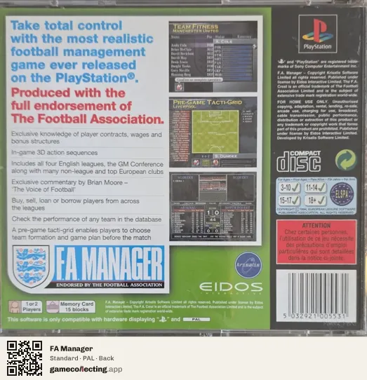 FA Manager PlayStation, PAL box back