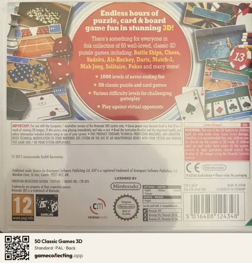50 Classic Games 3D Nintendo 3DS, PAL box back