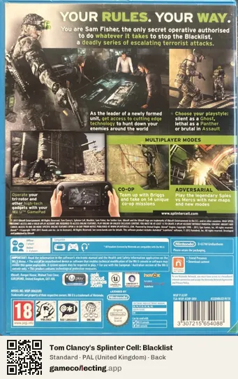Tom Clancy's Splinter Cell: Blacklist Nintendo Wii U, United Kingdom box back
