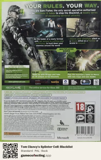 Tom Clancy's Splinter Cell: Blacklist Xbox 360, PAL box back