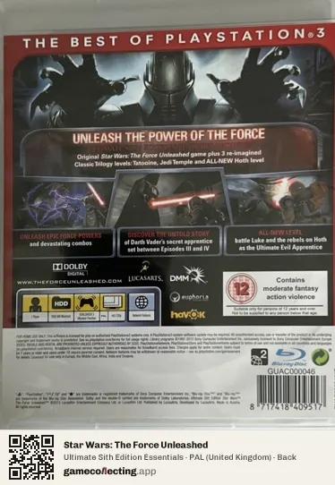 Star Wars: The Force Unleashed PlayStation 3, United Kingdom box back