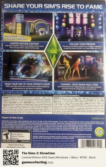 The Sims 3: Showtime Computer, NTSC box back