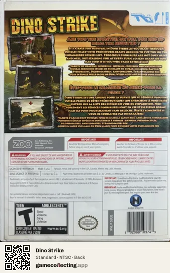 Dino Strike Nintendo Wii, NTSC box back