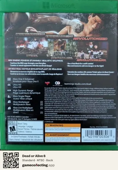 Dead or Alive 6 Xbox One, NTSC box back